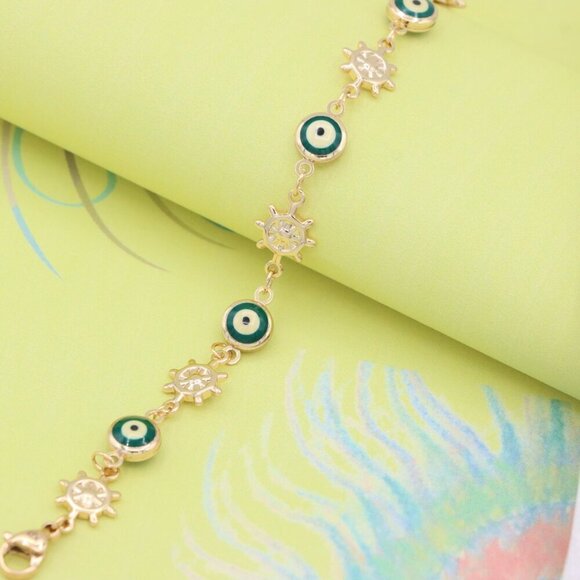 "Rose Gold Evil Eye & Wheel Charm Bracelet, Adjustable Protection Style,XPBL0739 - Picture 1 of 12